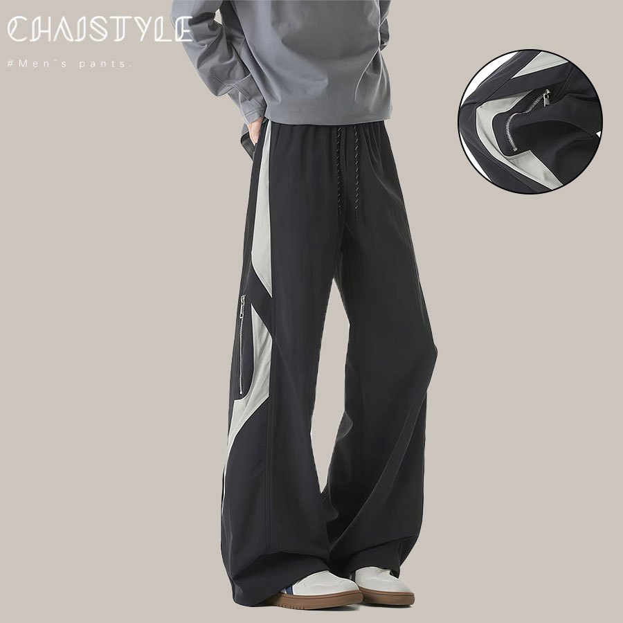 Chaistyle กางเกงผู้ชาย เย็บสีตัดกัน กางเกงสเลคผู้ชาย ขากว้าง การออกกำลังกาย กระเป๋าด้านข้างมีซิปออกแบบ สไตล์เกาหลี