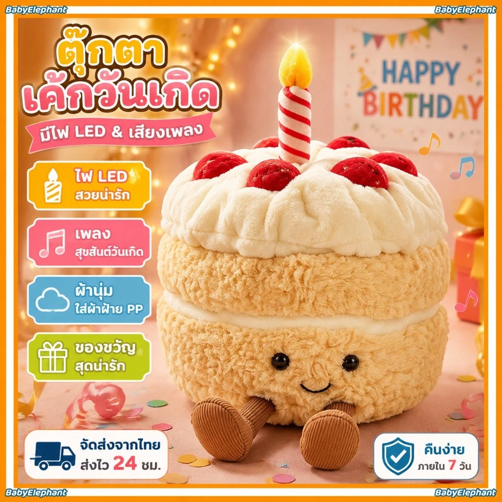 ✨ตุ๊กตาเค้กวันเกิด 🍰HAPPY BIRTHDAY CAKE มีไฟ LED มีเสียงเพลง ตุ๊กตา ของขวัญวันเกิด