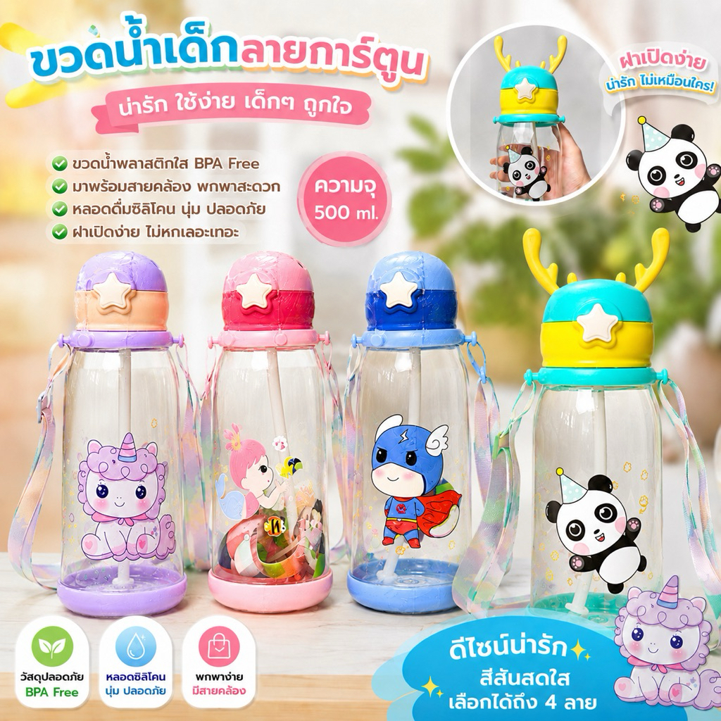 🔥 ขวดน้ำเด็กสุดฮิต 500ml ฝาเด้งเปิดง่าย พร้อมหลอดดูด+สายคล้อง ลายการ์ตูนน่ารัก เด็กๆ ชอบ พกไปโรงเรียนได้