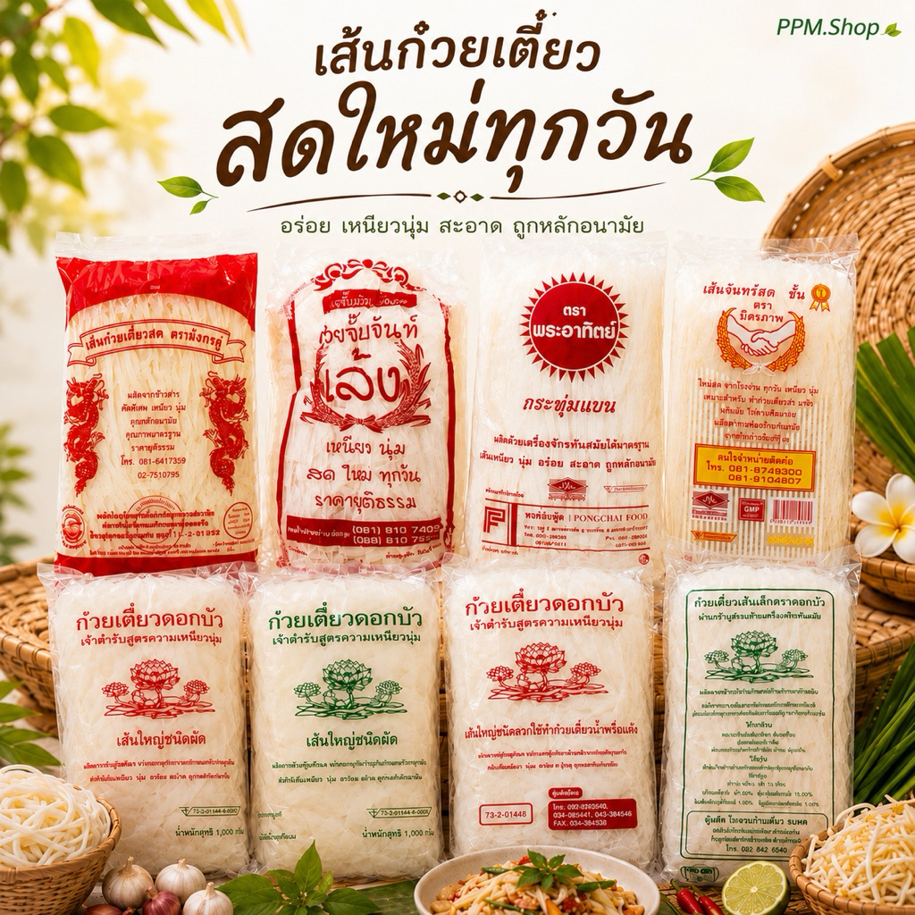 เส้นก๋วยเตี๋ยว เล็ก ใหญ่ ผัดไทย ก๋วยจั๊บไทย เส้นสด หลากหลายเเบรนด์ บรรจุเเพ็ค 1 กิโลกรัม