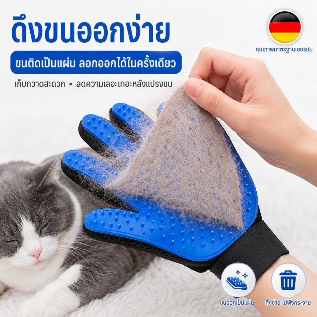 ถุงมือแปรงขนสัตว์เลี้ยง ปุ่มซิลิโคนสูงต่ำ นวดสบาย ตาข่ายระบายอากาศ