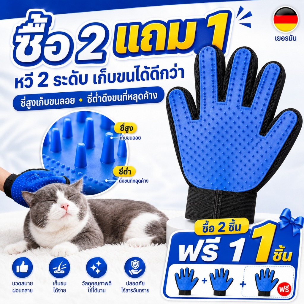 ถุงมือแปรงขนสัตว์เลี้ยง ปุ่มซิลิโคนสูงต่ำ นวดสบาย ตาข่ายระบายอากาศ