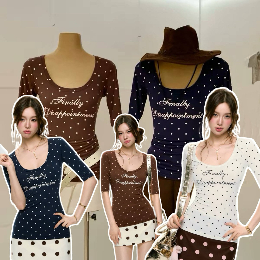 Rin Ya new เสื้อแขนสั้นถึงข้อศอกลายจุดPolkadot ดีเทลแต่งสกีนลายเกร๋ๆที่อก เนื้อผ้ายืดได้เยอะ (ไม่ติดป้าย)