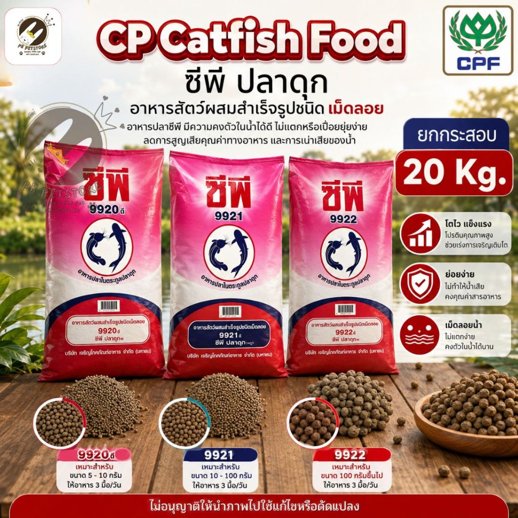 CPF อาหารปลาดุก ซีพี CP 9920 9921 9922 ชนิดเม็ดลอย (ยกกระสอบ 20 kg) อาหารปลาในตระกูลปลาดุก โตไว น้ำไม่เน่าเสีย