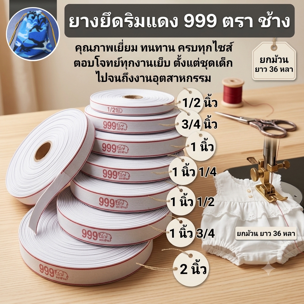 ยางยืดริมแดง 999 ตราช้าง ยางยืดเกรดA ยางขอบเอวกางเกง (ยกม้วนยาว 36 หลา)