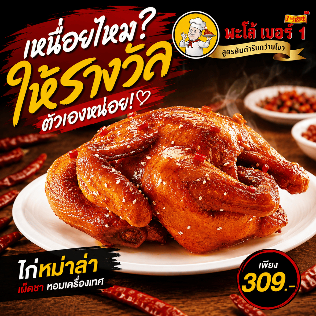 พะโล้ เบอร์ 1 ไก่ต้มเกลือรสหม่าล่า หนังกรอบหอมเครื่องเทศ เผ็ดชาลิ้น อร่อยเข้มข้นพร้อมทาน