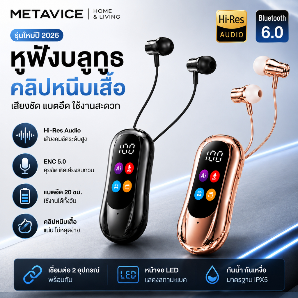 Metavice หูฟังบลูทูธ คลิปหนีบเสื้อ Hi-Res ENC ตัดเสียงรบกวน แบตอึด 20ชม. จอLED เชื่อมต่อ2อุปกรณ์ Bluetooth 6.0 ME066