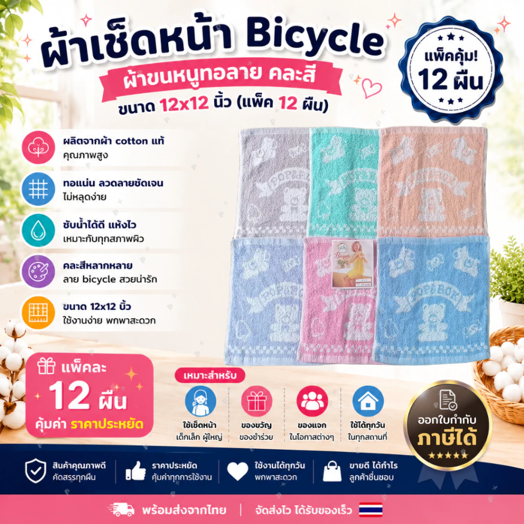 ผ้าขนหนูเช็ดหน้า Bicycle ทอลายหมี คละสี ขนาด 12x12นิ้ว จำนวน 12ผืน