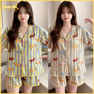 🔥ชุดนอนมีถ้วยรองอก ไซส์ใหญ่ L-4XL ผู้หญิง แขนสั้นขาสั้น ผ้านุ่ม ลายสุนัขดัชชุน สไตล์เกาหลี ใส่สบาย ครอบคลุมอก 42-52 นิ้ว