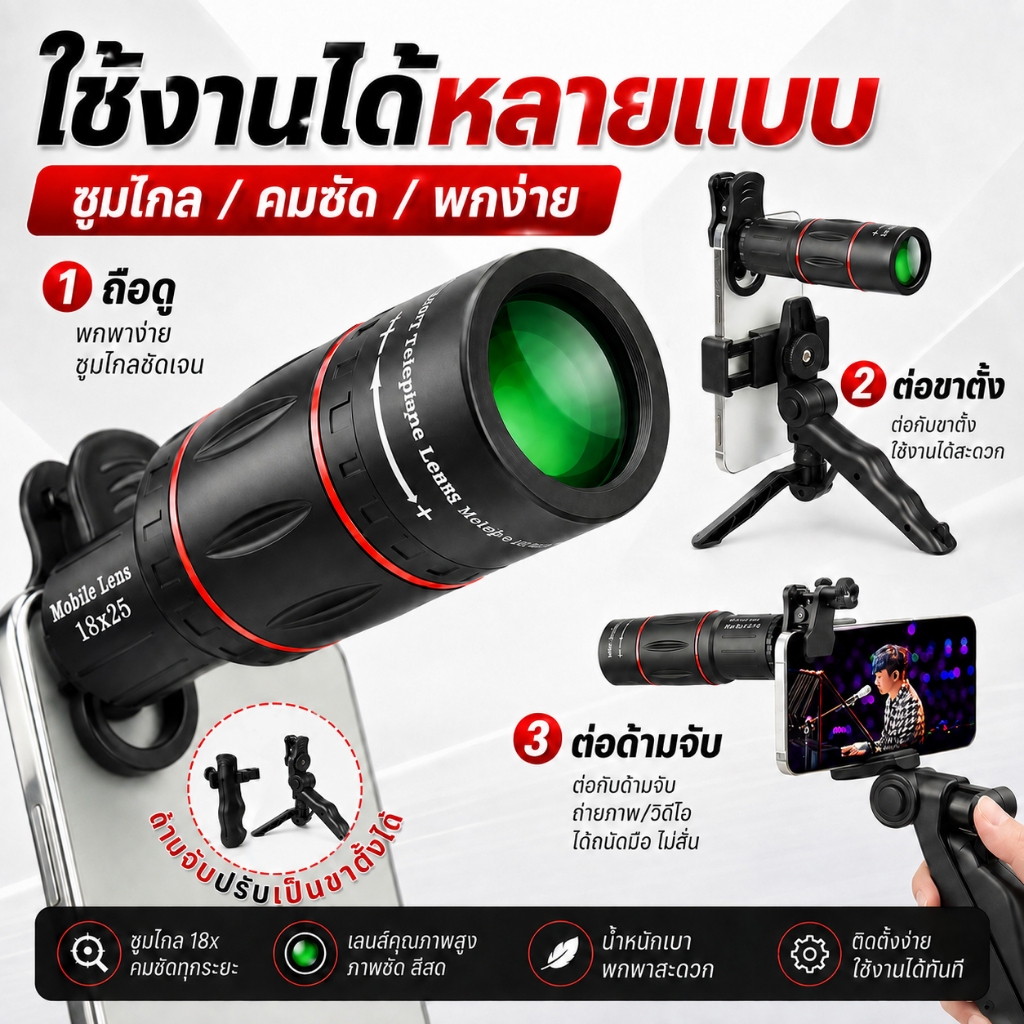 เลนส์ซูมมือถือ เลนส์กล้องโทรศัพท์ เลนส์เทเลโฟโต้ กล้องส่องทางไกลมือถือ พร้อมคลิปหนีบ ขาตั้งและด้ามจับ ภาพคมชัด พกพาง่าย