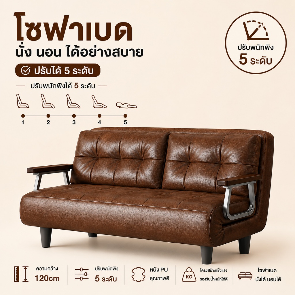 F&G โซฟา 2in1 sofa ที่นอนโซฟาพับ เตียงโซฟาเบด หนังวัคซ์วินเทจ พับเก็บได้  ปรับได้ 5 ระดับ เบาะลึก กว้างนั่งสบาย