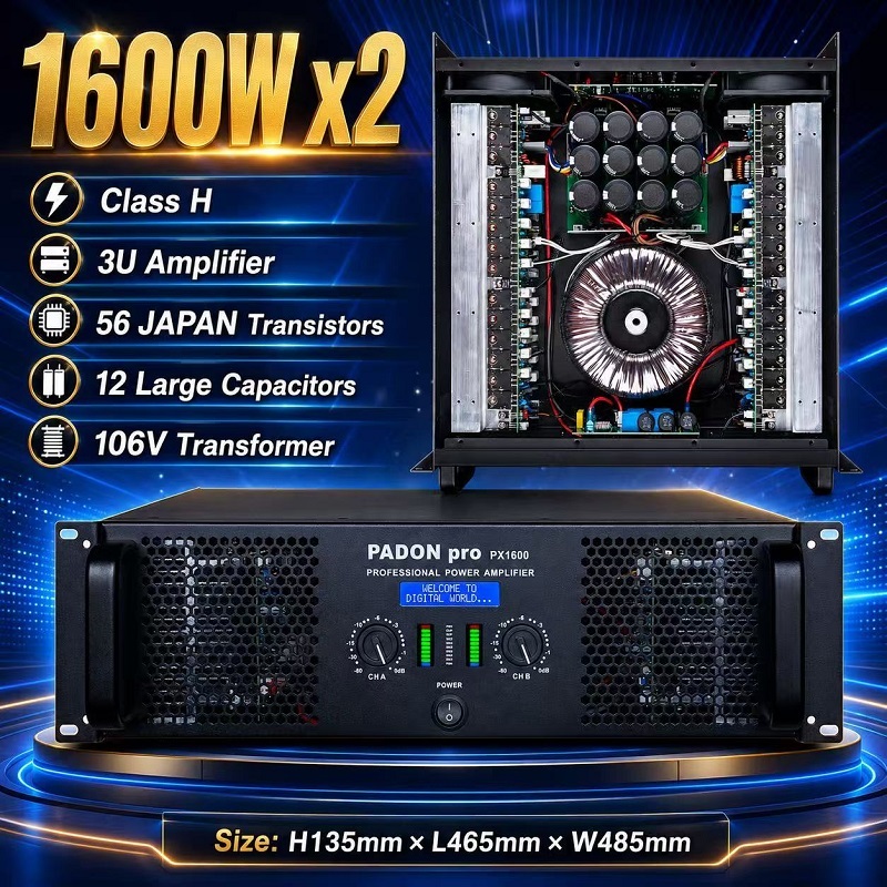 PADON PX1600 เครื่องขยายเสียงมืออาชีพ, 3u, ชั้น H, สองช่อง, เครื่องขยายเสียงพลังงาน 1600w * 2