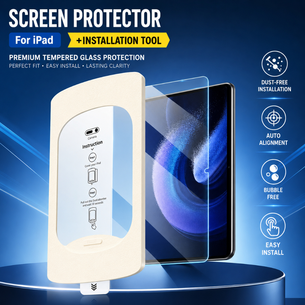 ฟิล์มกระจก iPad 9H พร้อมกรอบติดตั้ง ติดง่าย ไร้ฟอง กันรอย Pro13 M5/M4 Air11 M3/M2 Gen7/8/9/10/11 A16