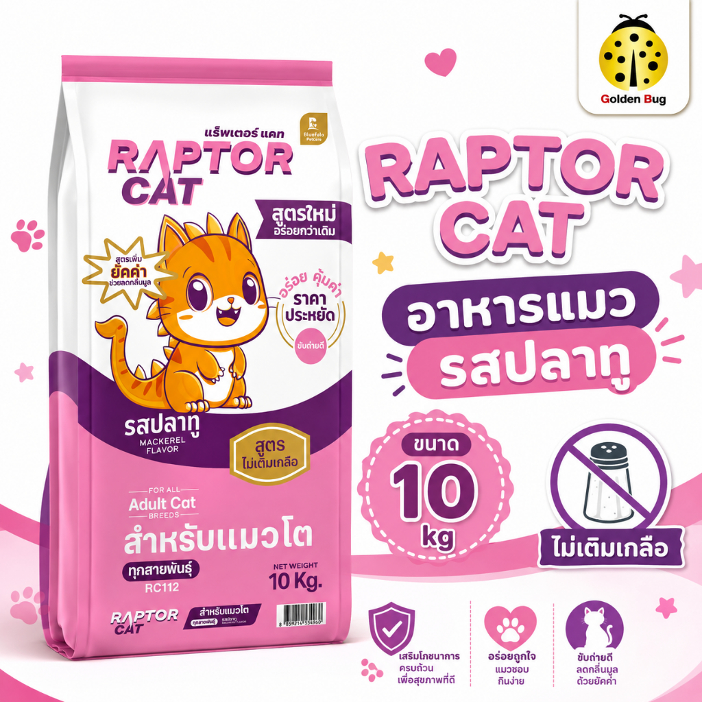 RAPTOR CAT อาหารแมว ขนาด 10kg รสปลาทู ไม่เติมเกลือ คุ้มค่าราคาประหยัด