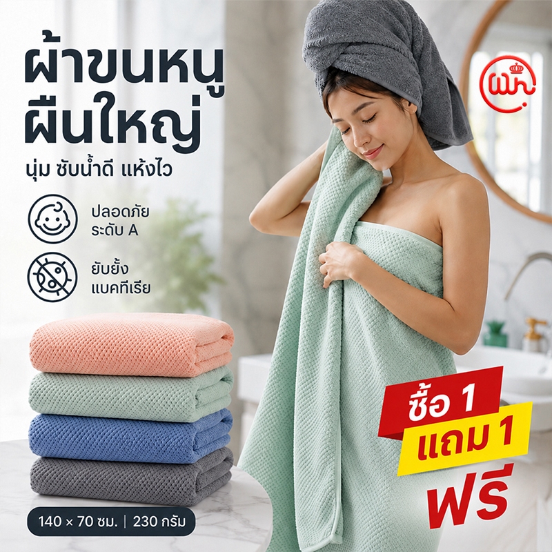 【ซื้อ1แถม1】ผ้าขนหนู ผ้าเช็ดตัว ไซส์ใหญ่ 70x140 cm หนานุ่มพิเศษ ซับน้ำดี แห้งเร็ว ขนไม่หลุด เกรดพรีเมียม