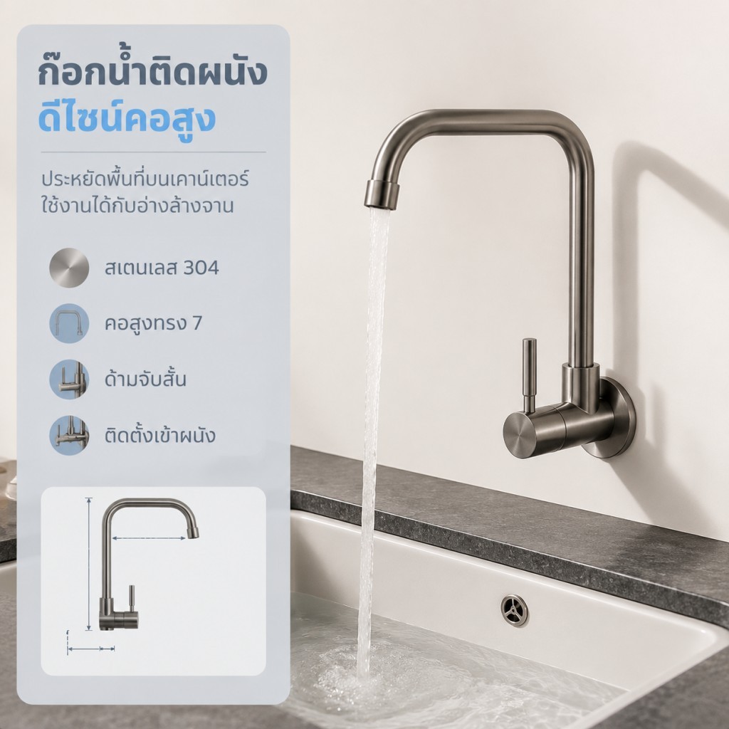 ก๊อกน้ำครัวติดผนังผิวขัดลวด ท่อโค้ง L‑Shape หมุนได้ สำหรับอ่างล้างจาน