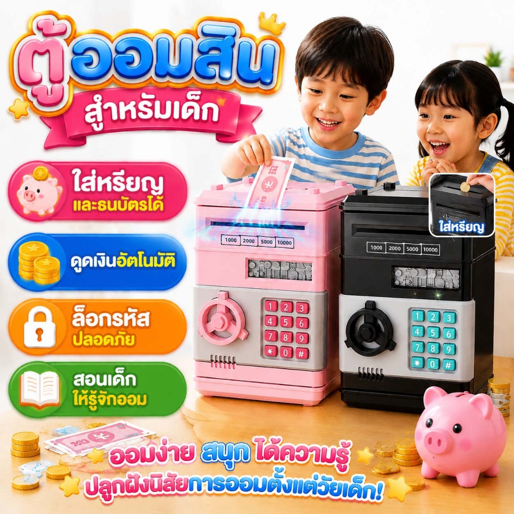 กระปุกออมสินเด็ก ตู้เซฟออมสินใส่รหัสผ่าน ดูดธนบัตรอัตโนมัติ มีเสียงมีไฟ ของเล่นเด็กผู้ชายผู้หญิง ของขวัญวันเกิดเด็ก
