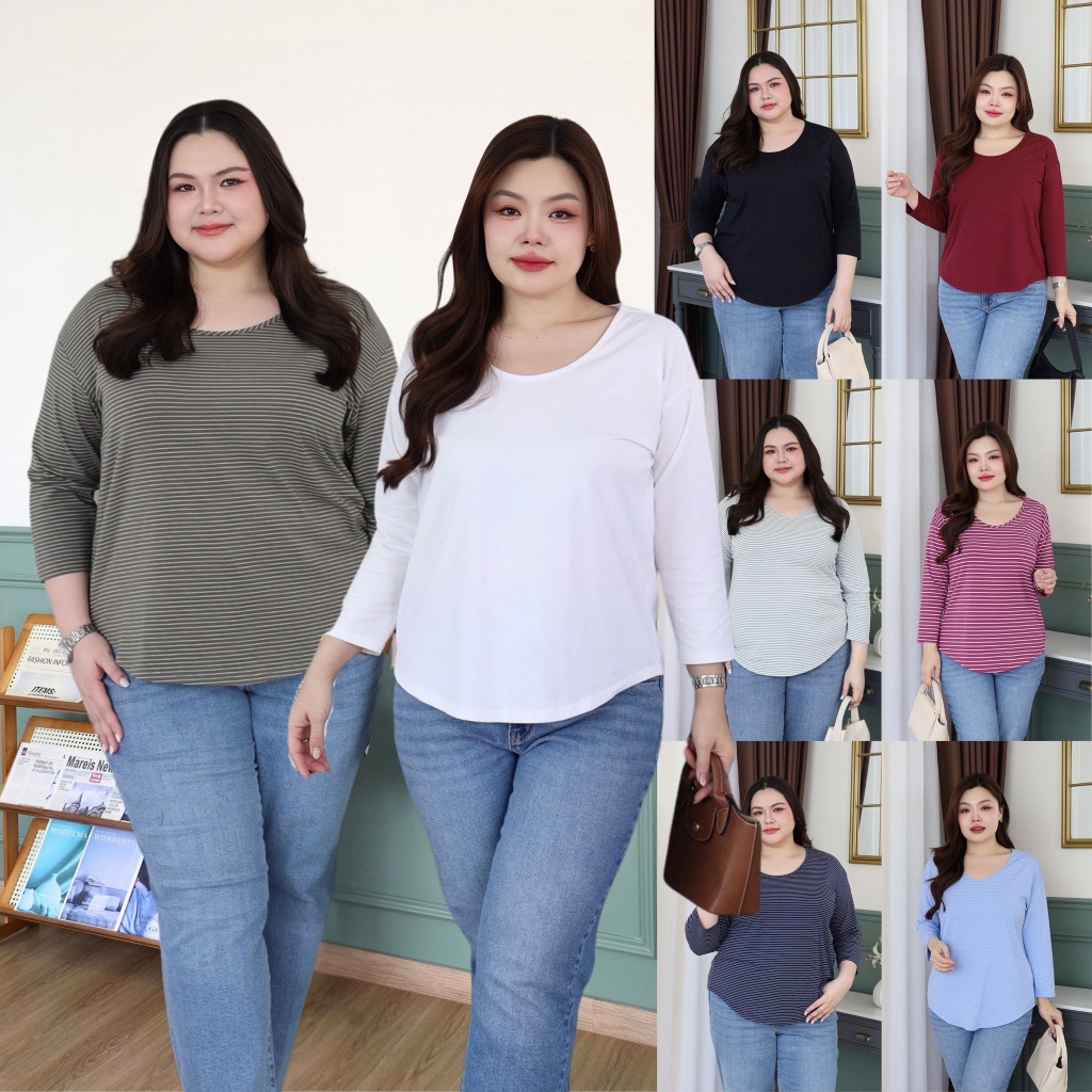 เสื้อยืดแขน 4 ส่วน สาวอวบ สีพื้น ลายริ้ว ผ้ายืดเนื้อนุ่ม ใส่สบายมาก เสื้อยืดพลัสไซส์ เสื้อยืดไซส์ใหญ่ S200-0118