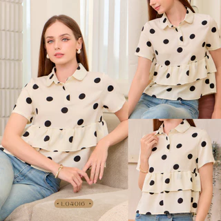 POI Polka Pop เสื้อผ้าเจลลี่คอปกแขนสั้นแต่งชายระบาย มี 3 สี ครีม ดำ น้ำตาล L040I6