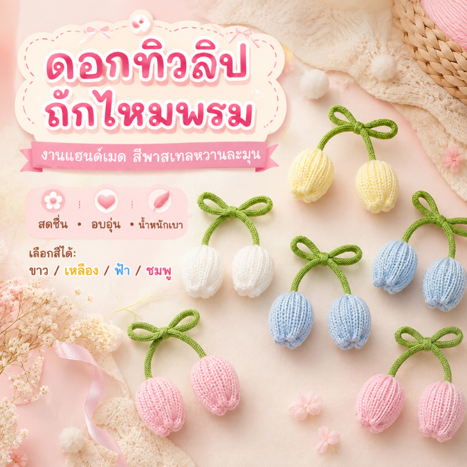 ดอกทิวลิปไหมพรมถัก งานแฮนด์เมด สำหรับตกแต่งเสื้อผ้า ผม พวงกุญแจ ห้อยกระเป๋า ของขวัญน่ารัก(G086)