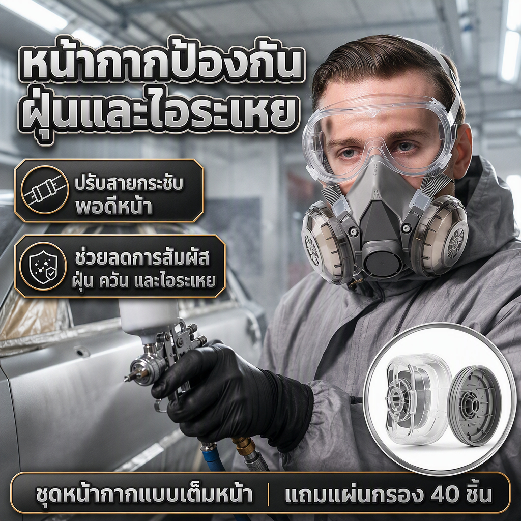 หน้ากากกันสารเคมี  พร้อมตลับกรอง หน้ากากป้องกันสารพิษ แถมสำลีกรอง 40 ชิ้น เหมาะใช้พ่นสี-ทำงานก่อสร้าง-อุตสาหกรรม