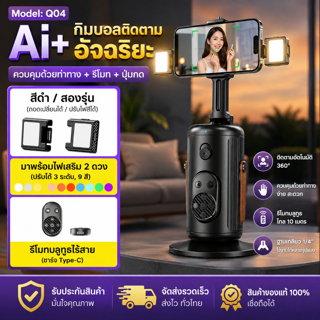 Q04 ถ่ายภาพอัจฉริยะ Gimbal 360°Rotation Auto Face Tracking มาพร้อมไฟ LED สําหรับเซลฟี่ Vlog
