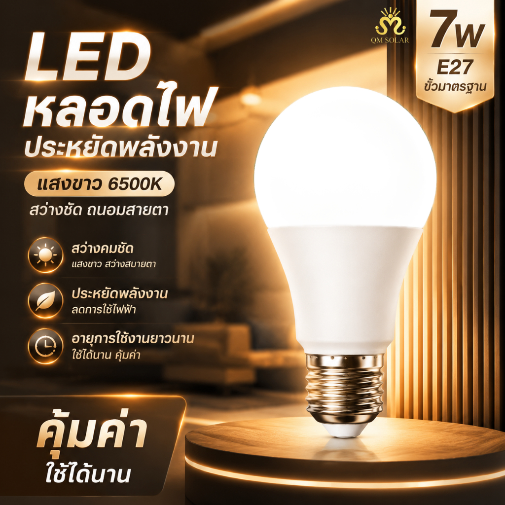 หลอดไฟ 7W LED E27 แสงขาวนุ่ม สว่างคงที่ ลดการกะพริบ ประหยัดพลังงาน เหมาะห้องนอนและบ้าน