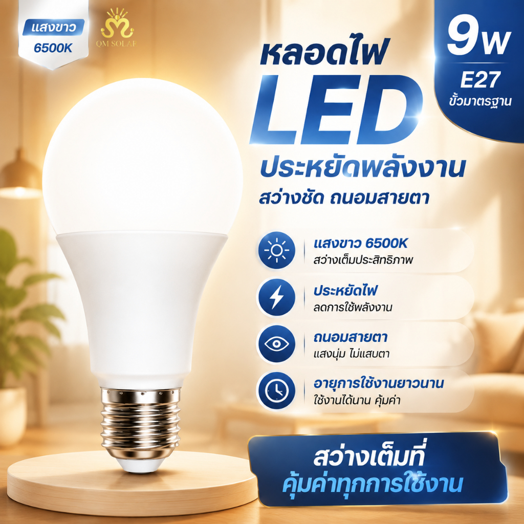 หลอดไฟ LED E27 9W ประหยัดไฟ หลอดไฟบ้าน แสงขาวสว่างสูง ไม่กระพริบ อายุใช้งานยาวนาน