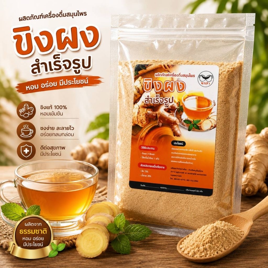 ขิงผงเครื่องดื่มสมุนไพรผงชงสำเร็จรูป 300 กรัม สูตรเข้มข้น