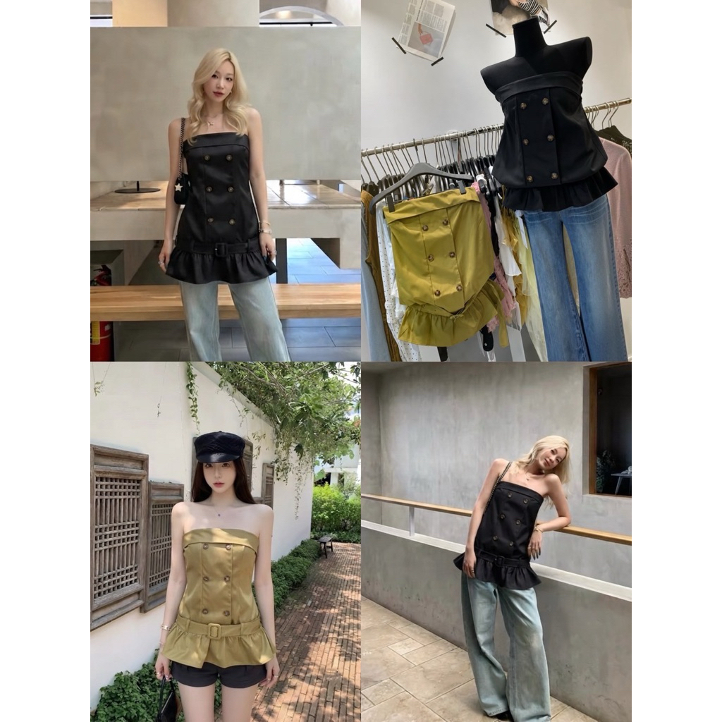เสื้อเกาะอก ดีเทล กระดุม 6 เม็ด ชายเสื้อปล่อยระบายคลุมสะโพก มีเข็มขัดเพิ่มความเรียบหรู ใส่สวย น่ารักมาก งานนำเข้า