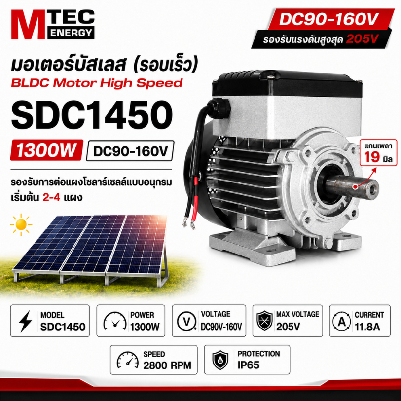 BLDC มอเตอร์บัสเลส DC รุ่น SDC1450 1300W ช่วงแรงดันที่เหมาะสม 110-165V รองรับ VOC สูงสุด 205V