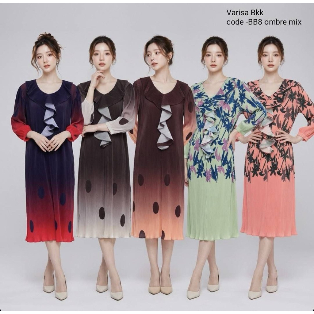 Fashion pleated Dress BB8 แฟชั่นชุดเดรสอัดพลีทพิมพ์ลายกราฟฟิกระบายคอยืดFreesize แฟชั่นสาวอวบ ชุดใส่ออกงาน