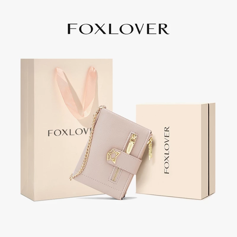 FOXLOVER กระเป๋าสตางค์สตรี แบบสั้น มีสายโซ่ 13 ช่องใส่บัตร สไตล์แฟชั่นทันสมัย มาพร้อมถุงของขวัญ