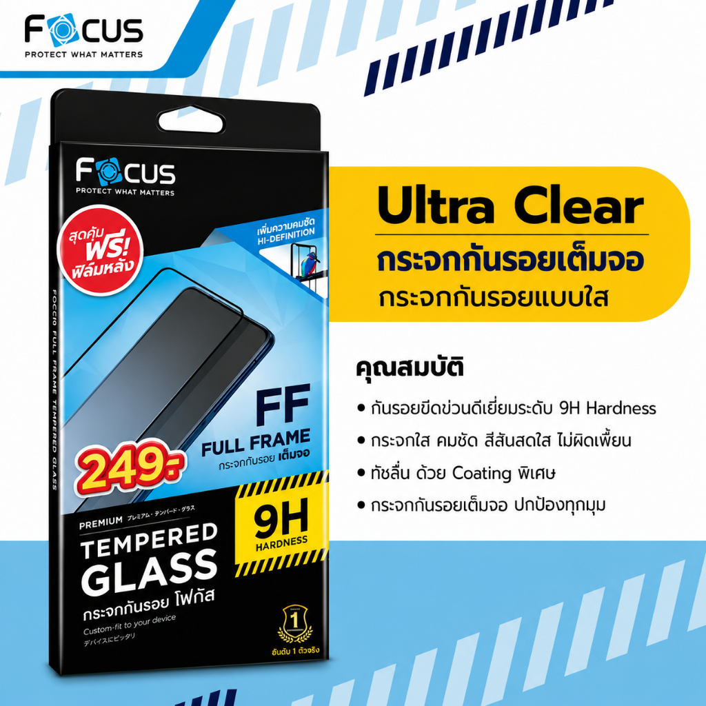 ฟิล์ม Focus ฟิล์มกระจกเต็มจอ Samsung A15 (4G) / (5G)  ขอบดำ  (มีฟิล์มหลัง)