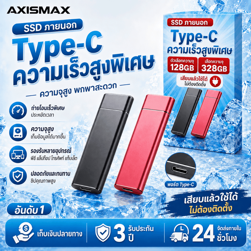 AXISMAX SSD พกพาความเร็วสูง USB3.1 Type-C ภายนอก โอนไฟล์ไว ตัวอลูมิเนียม บางเบา 328GB 648GB 4TB รองร