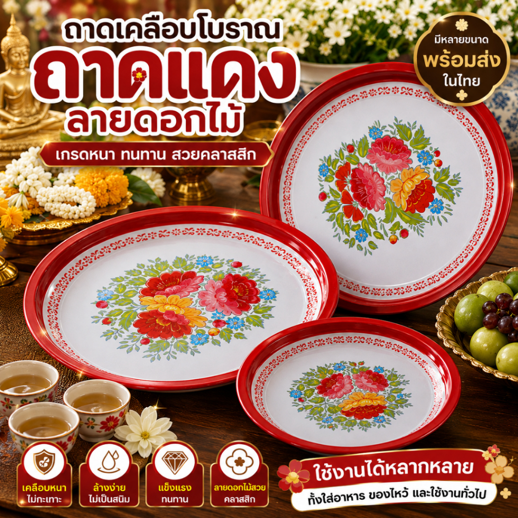 ถาดกลมเคลือบลายดอกไม้คุณภาพดี แบบหนาเคลือบลาย2ช้ันบนล่าง ถาดสังกะสีเคลือบผิว มีหลายขนาด 40 45 50 55 cm. สินค้าพร้อมส่ง