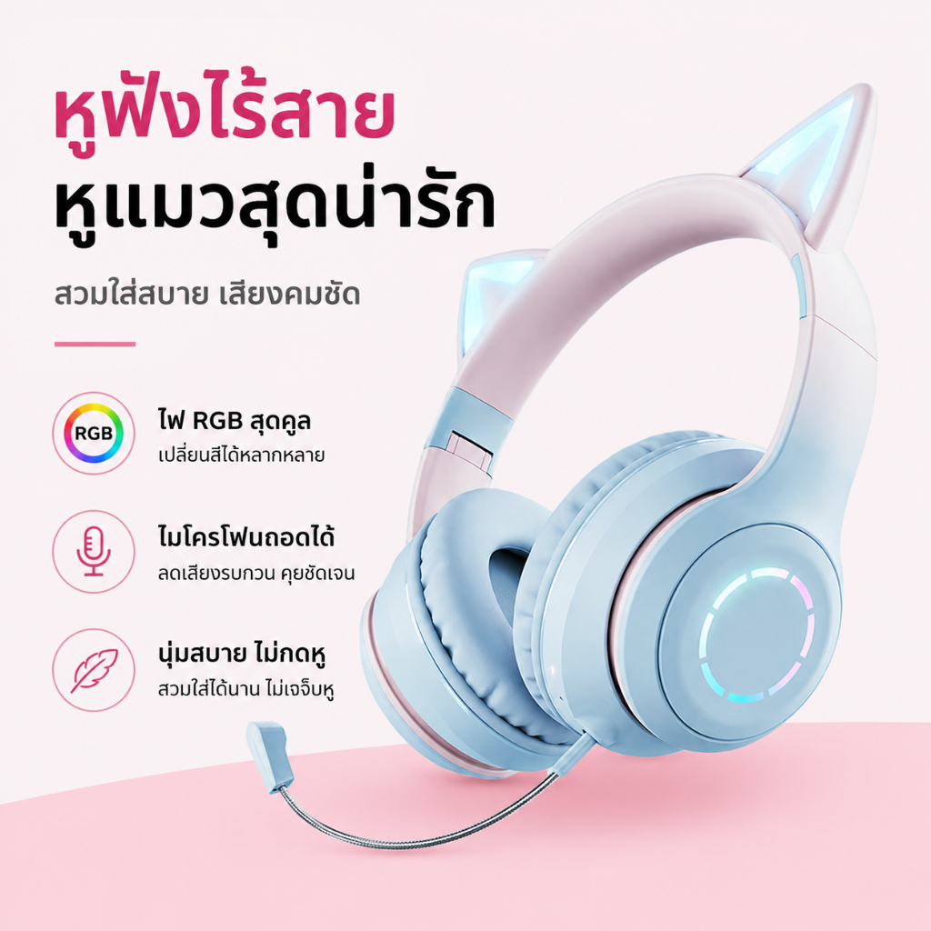 หูฟังไร้สาย เกมมิ่งหูแมว Bluetooth 5.3 ออกกำลังกาย มีสาย RGB 7.1ch สเตอริโอตัดเสียงรบกวนพร้อมไมค์