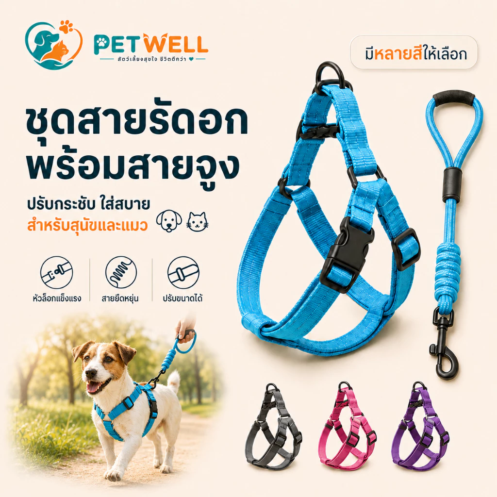 สายจูงสุนัข พร้อมสายรัดแบบฮาร์เนส PETWELL สำหรับสุนัขขนาดเล็ก/กลาง/ใหญ่