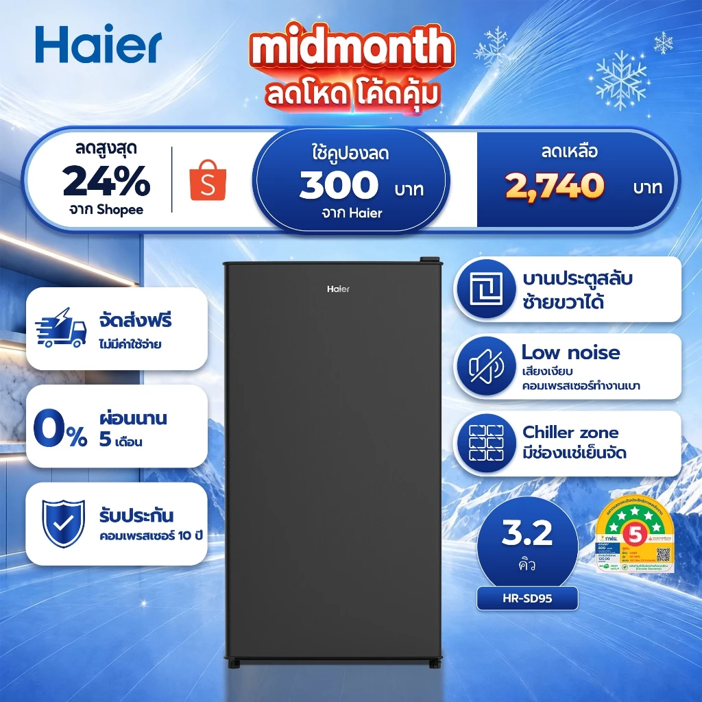 (Pre Sale) Haier ตู้เย็นมินิบาร์ ขนาด 3.1 คิว 90 ลิตร รุ่น HR-SD95