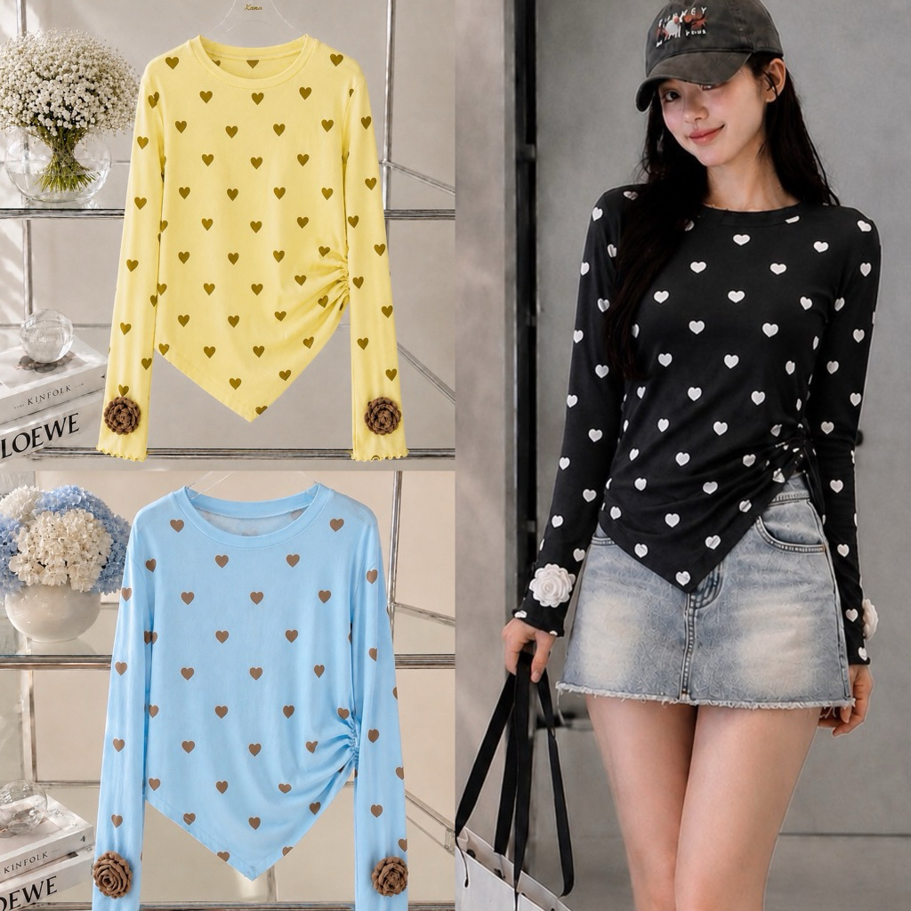 เสื้อยืดแขนยาวลายหัวใจ จับจีบที่เอว