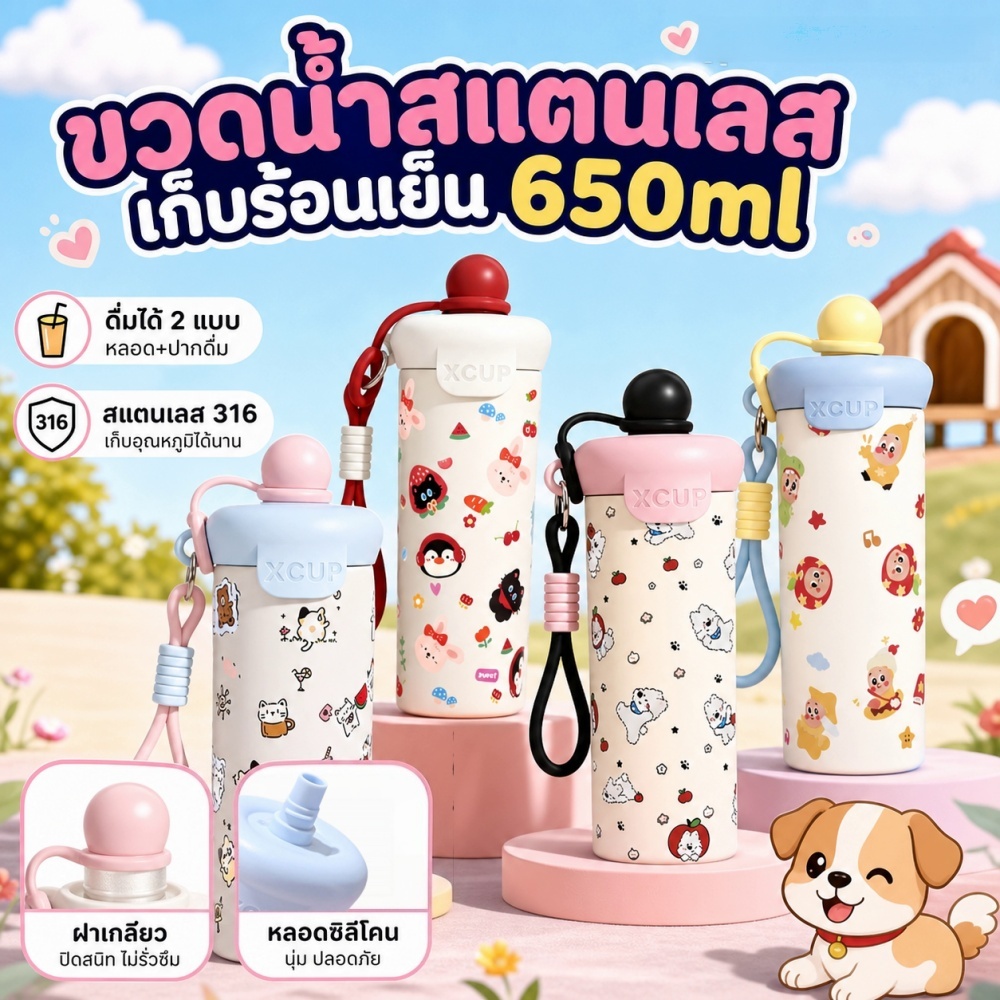 ถ้วยน้ำ 650ml สแตนเลสลอยฝาฟางถ้วยขวดน้ำรถพกพาความจุขนาดใหญ่