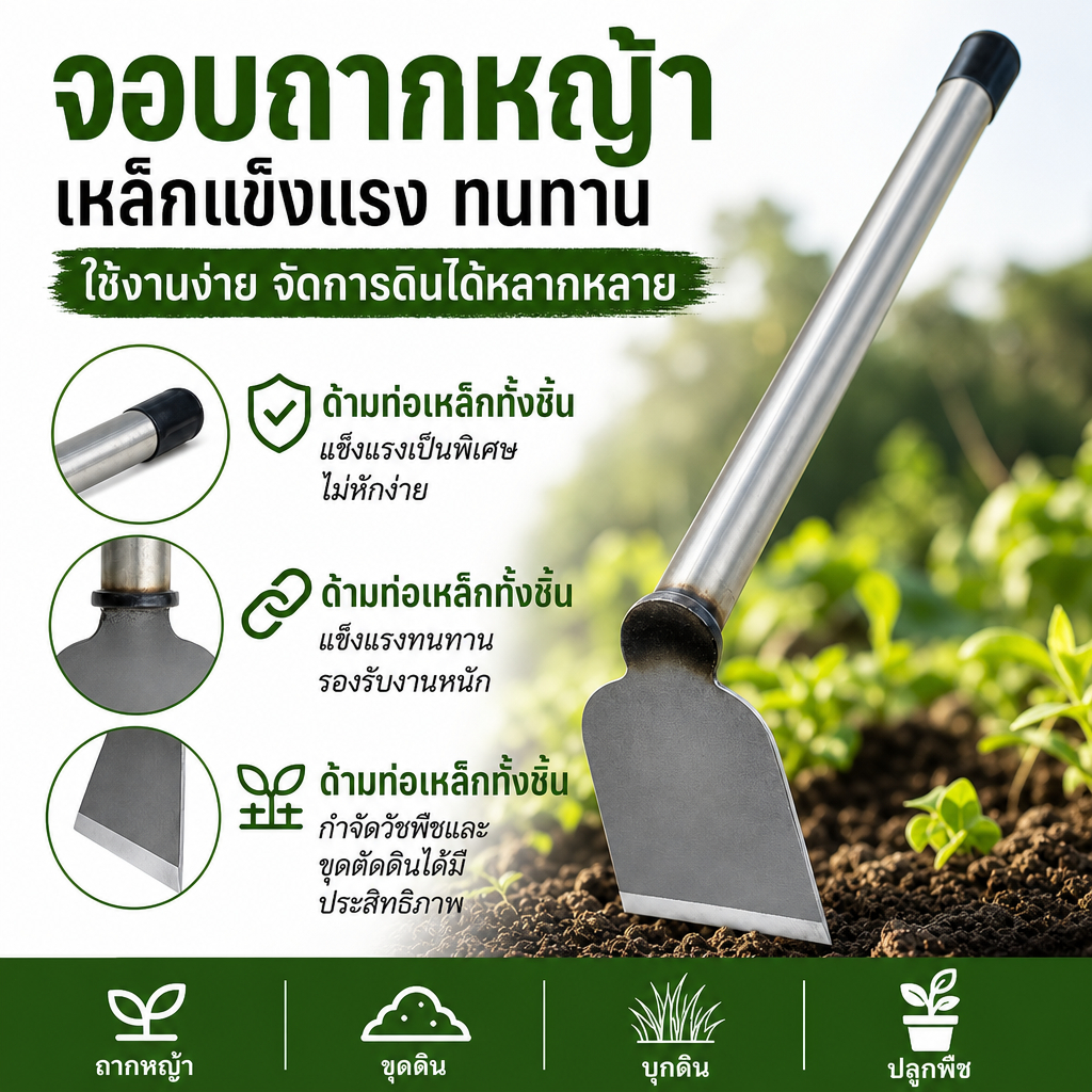 จอบทำสวนเหล็กแมงกานีส ด้ามท่อเหล็กตัวเดียว ใบมีดคม ขุดดิน กำจัดวัชพืช สำหรับสวนบ้านสวนผัก