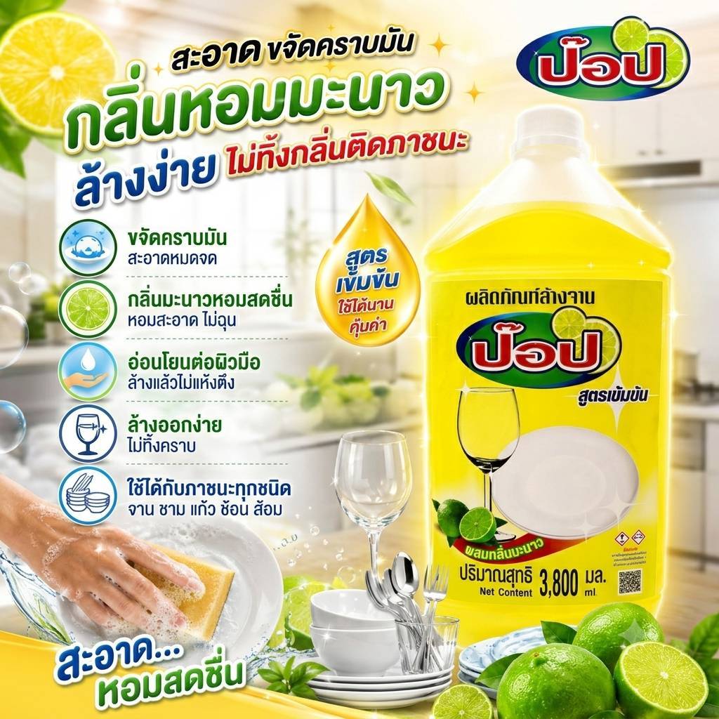 น้ำยาล้างจาน น้ำยาล้างจานป๊อป ขนาด 3800 มล. (POP3800) กลิ่นมะนาว Dishwashing Liquid