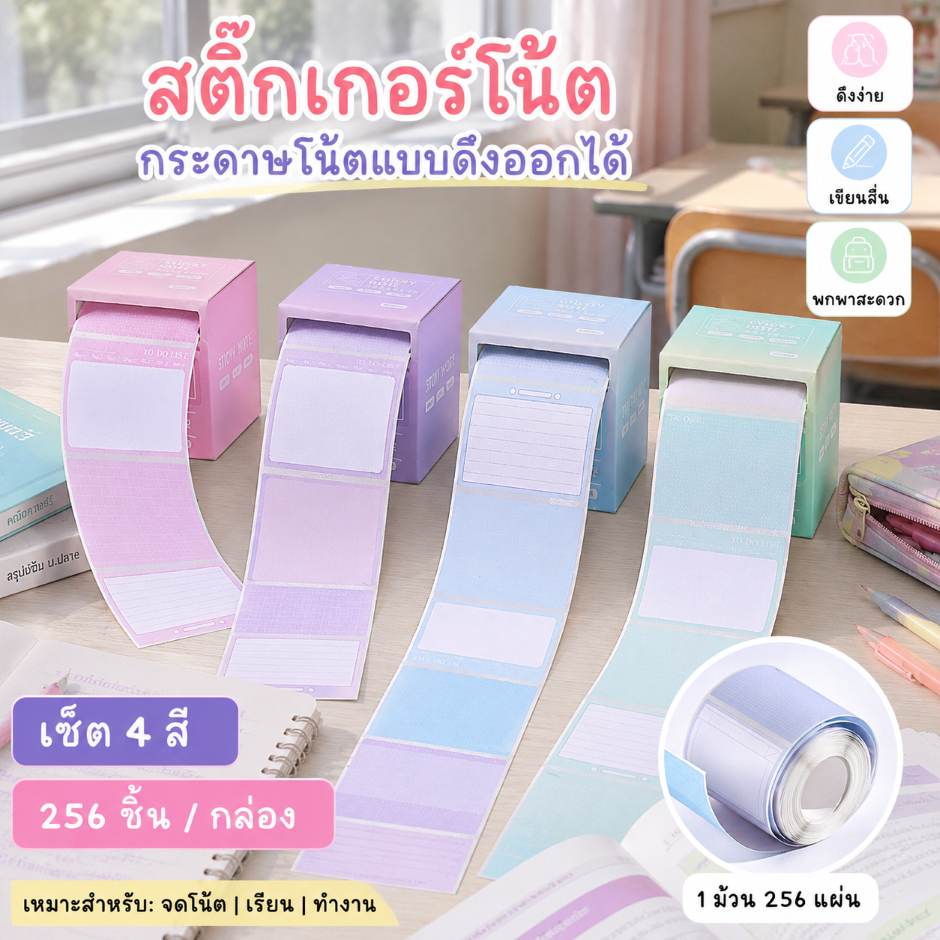 โน๊ตแบบการดาษมีกาวในตัว แบบดึง เหมาะสำหรับสถานการณ์ต่างๆไม่ว่าจะเป็นเพื่อการศึกษาการทำงานหรือบันทึกชีวิตประจำวัน