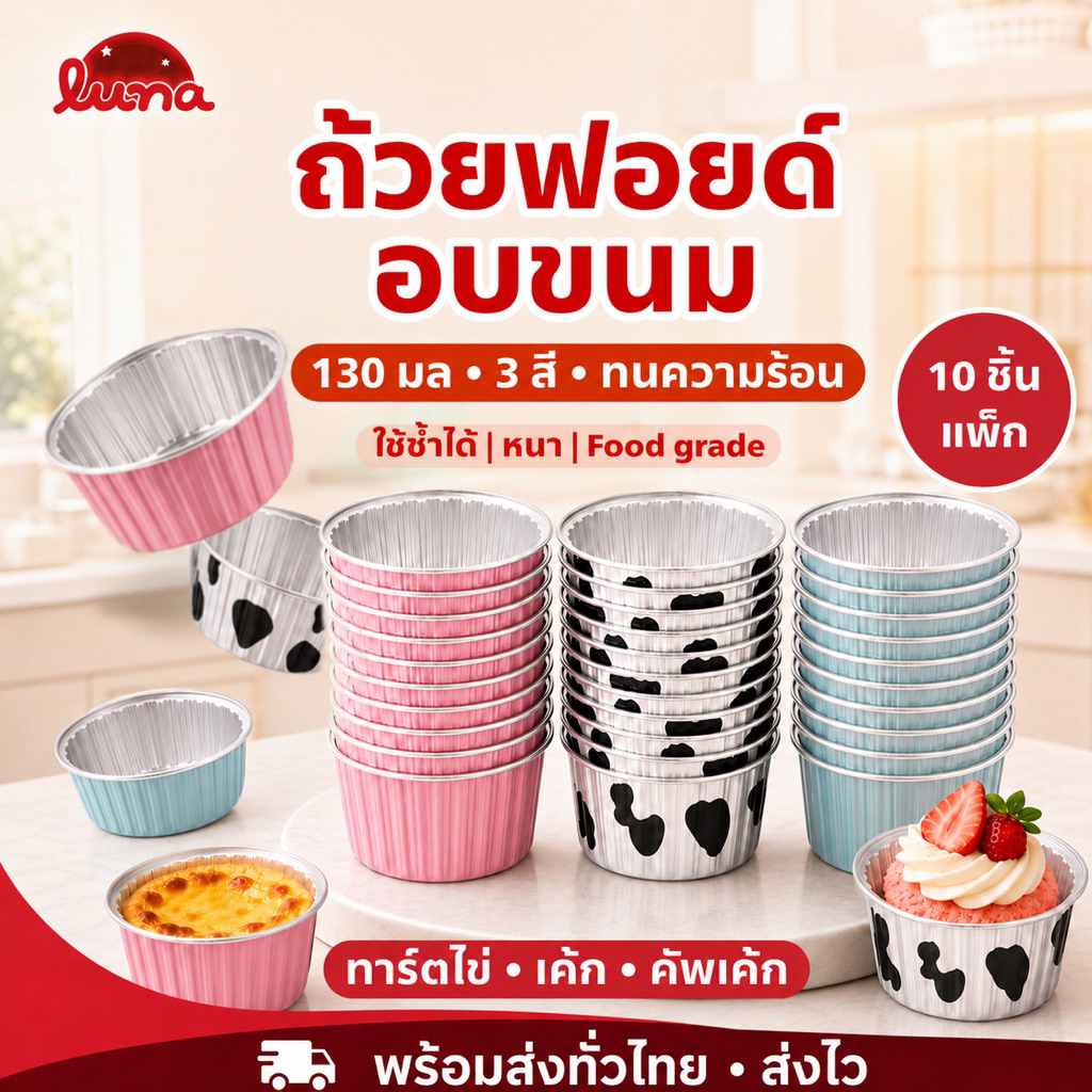 ส่งฟรี ส่งด่วน 10ชิ้น ถ้วยอลูมิเนียมฟอยด์ สำหรับทำขนม ทรงกลมหนา 130ml ทนความร้อน ใช้ซ้ำได้ | ถ้วยคัพเค้ก ทาร์ตไข่