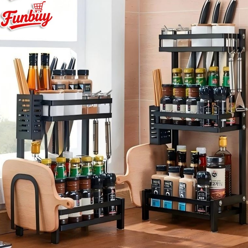 [ของใช้จำเป็นในครัว ] ชั้นวางเครื่องปรุง ชั้นวางของในครัว ที่วางเขียงและที่วางมีด วางเครื่องปรุงได้ดี 2/3ชั้น โครงเหล็ก