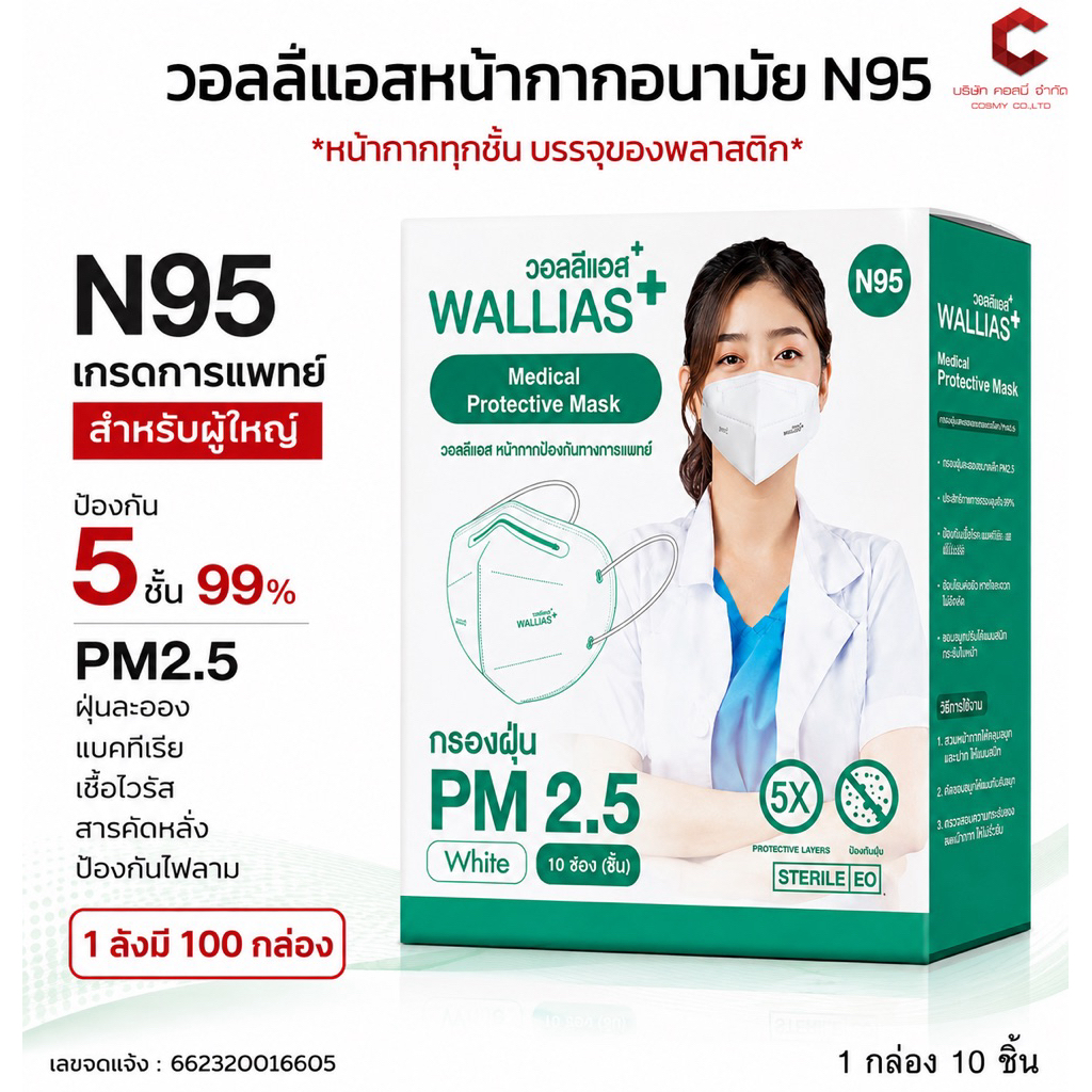 ⭐️ยกลัง 100 กล่อง⭐️หน้ากากอนามัย Wallias N95 สำหรับผู้ใหญ่