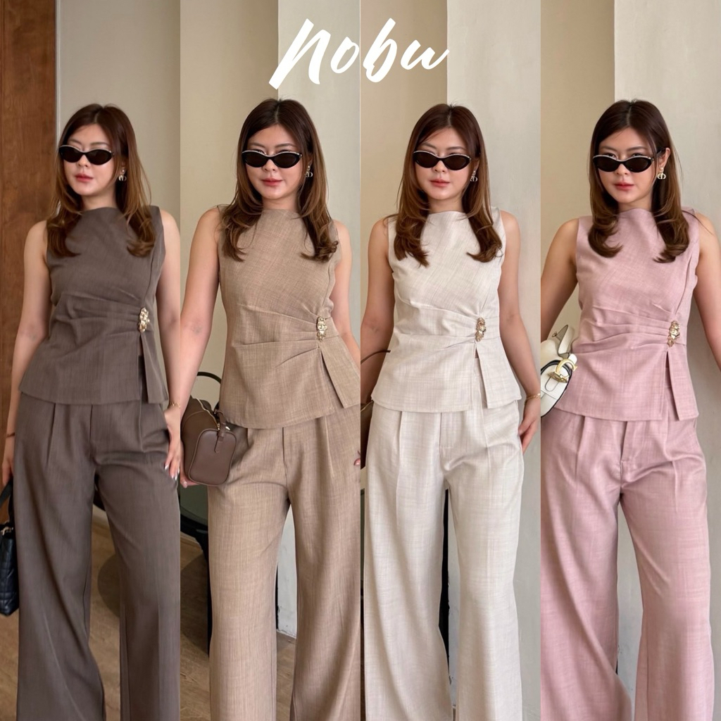 Nobu Set ชุดเซ็ตเสื้อแขนกุดดีเทลจีบเอว เข็มกลัดทองด้านข้าง มาคู่กับกางเกงยาวขายาว พร้อมส่งครบสี ชุดใส่ออกงาน