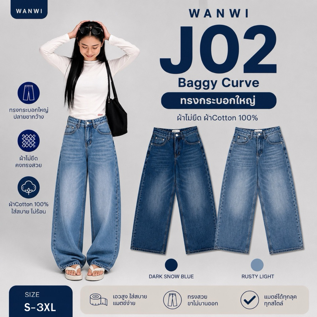 WANWI ยีนส์ รหัส J02 กางเกงยีนส์กระบอกใหญ๋เอวสูงไม่ยืด
