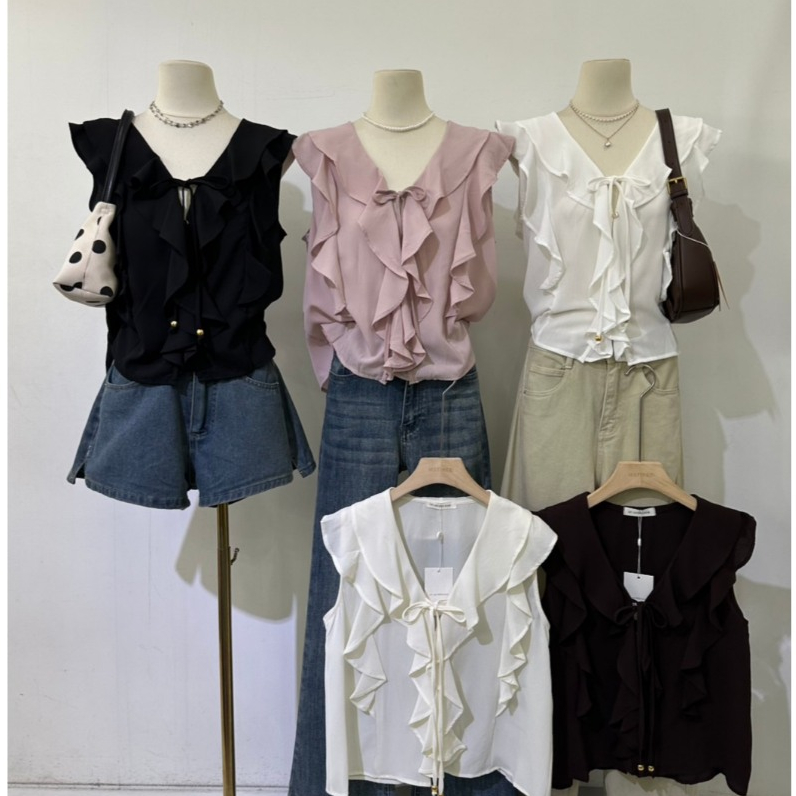 M2129 เสื้อแขนระบายแต่งระบายหน้า ดีเทลผูกโบว์สุดคิ้วท์